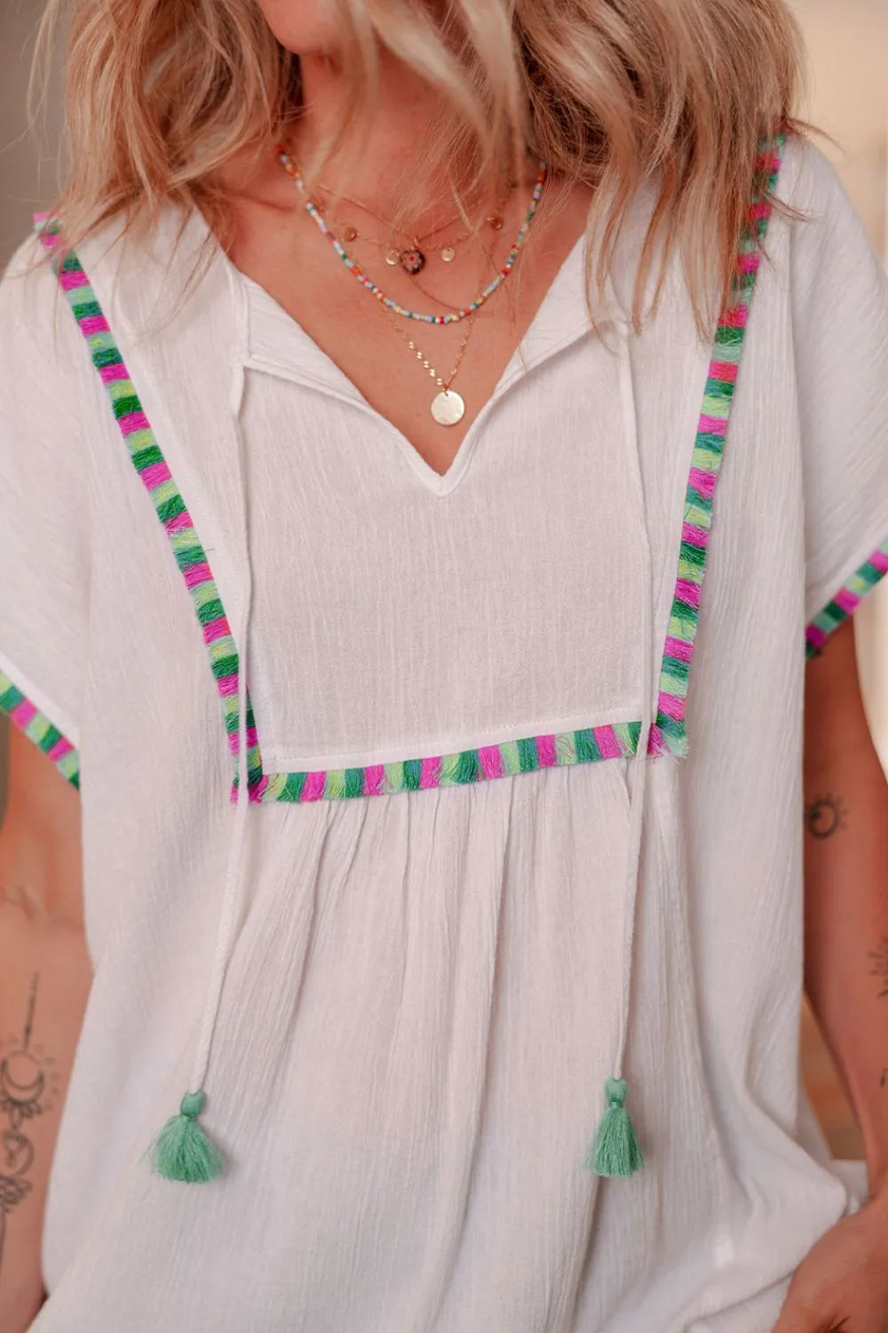 Tassel Tie Neck Short Sleeve Blouse 2029ef97-5ad2-4796-96af-5f388cde2f86-Max