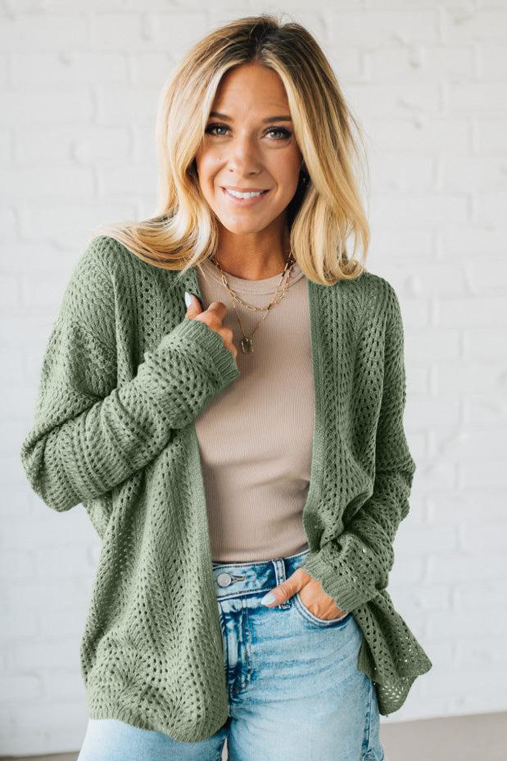 Green Bay Scalloped Edge Eyelet Knit Batwing Sleeve Cardigan 202b865ac9787bd7