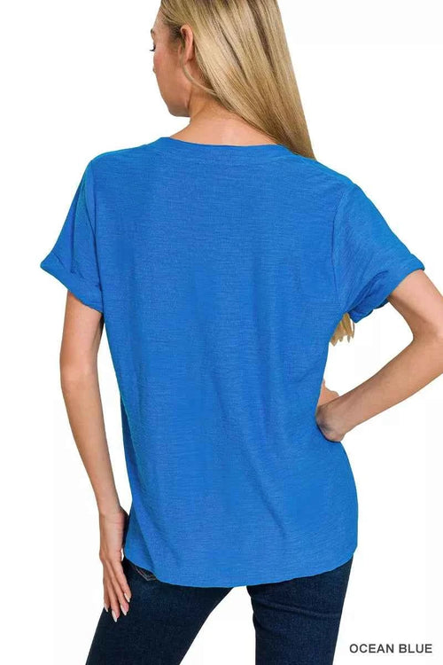 Zenana Slub Rolled Short Sleeve V-Neck Tee 202cfeb059d642babc7c61da7f479dcf-Max-Origin