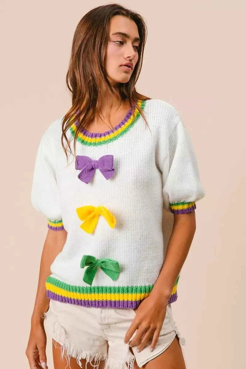 BiBi Short Puff Sleeve Ribbon Bow Mardi Gras Sweater 2034075f2a264b9cb044417d434a1240-Max-Origin