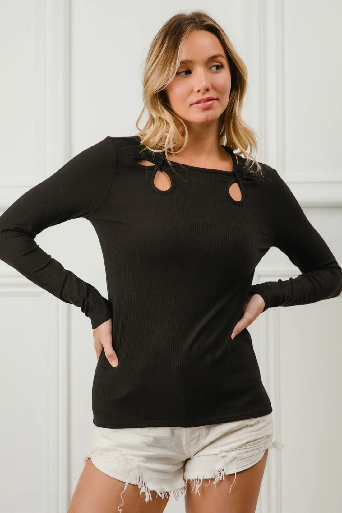 BiBi Rib Knit With Cut Out and Tied Neck Detailed Top 2038f23787e34fb1a822a3ce8024b5fe-Max-Origin