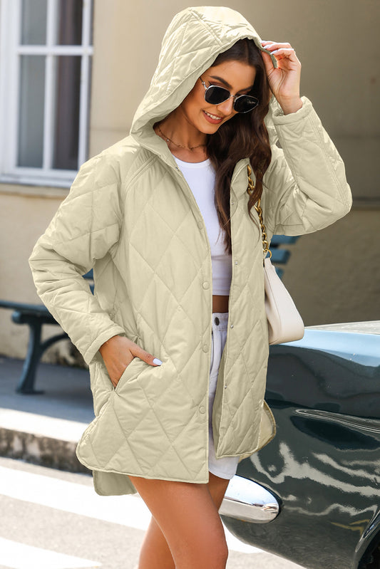 Beige Quilted Snap Button Hooded Coat 2038fe04c242b140