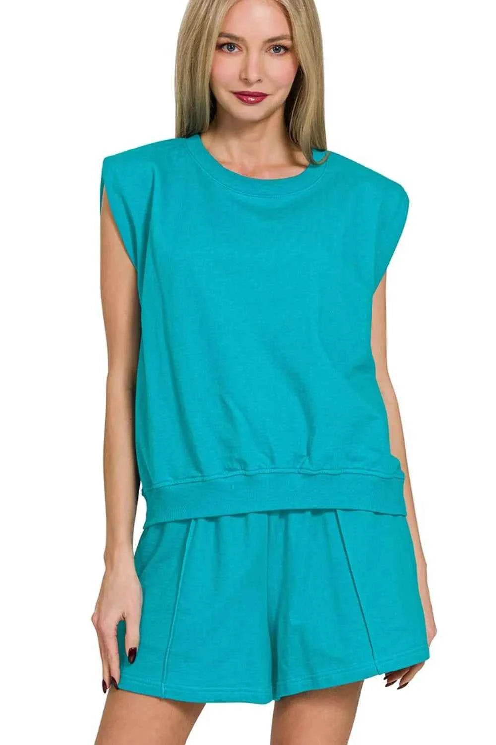 Zenana French Terry Sleeveless Top & Shorts Set LT TEAL 2041e4d0-1d7c-489b-8175-e874eccf44db-Max-Origin