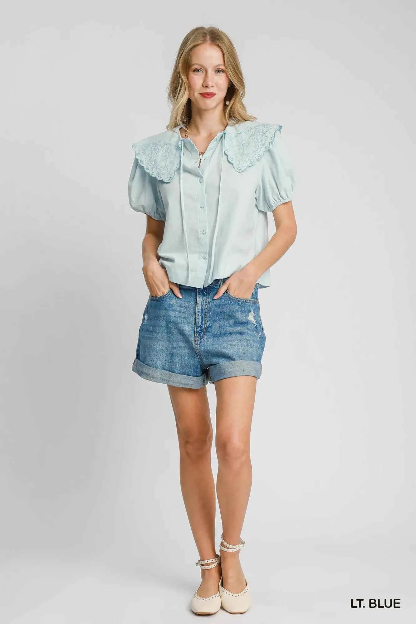 Umgee Tied Collared Short Sleeve Button Down Shirt 204301a2-18ba-4b1b-bff3-d432ffe8bb37-Max-Origin