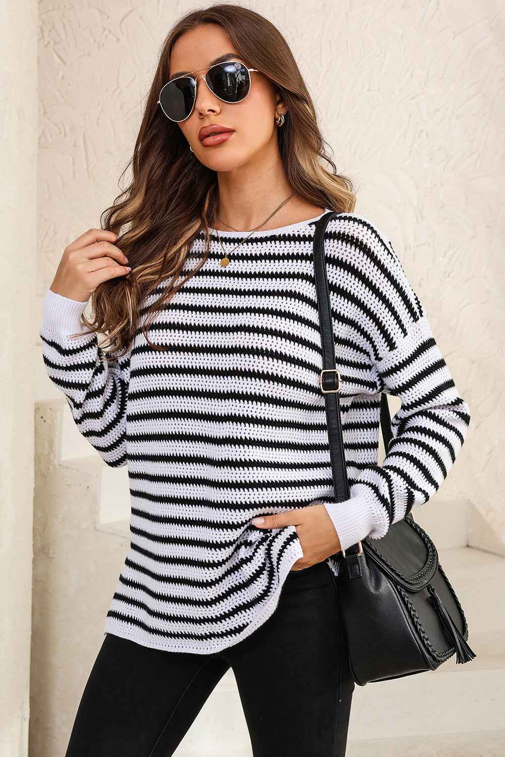 White Striped Knit Split Hem Baggy Sweater 2043488730481228