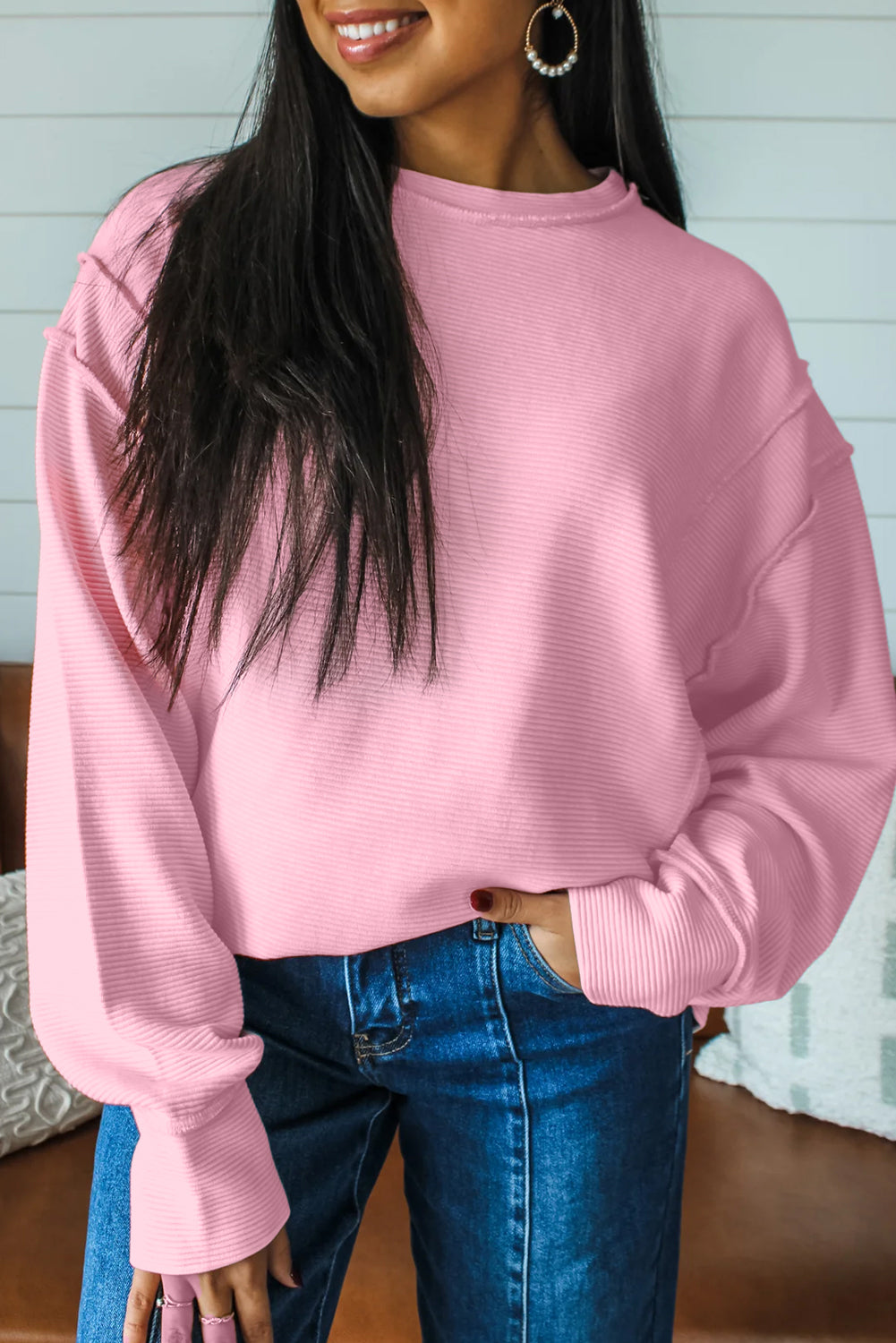 Lavendula Horizontal Ribbed Exposed Seam Detail Drop Shoulder Baggy Pullover Pink 95%Polyester+5%Elastane 20447669bccd9c7d