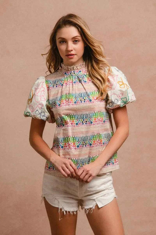 BiBi Ruffle Neckline Blouse With Embroidery Bubble Sleeve 20474134fbba4091b0dba63df736d415-Max-Origin