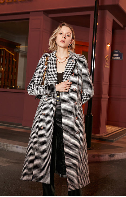 Winter Houndstooth Wool A-Line Coat