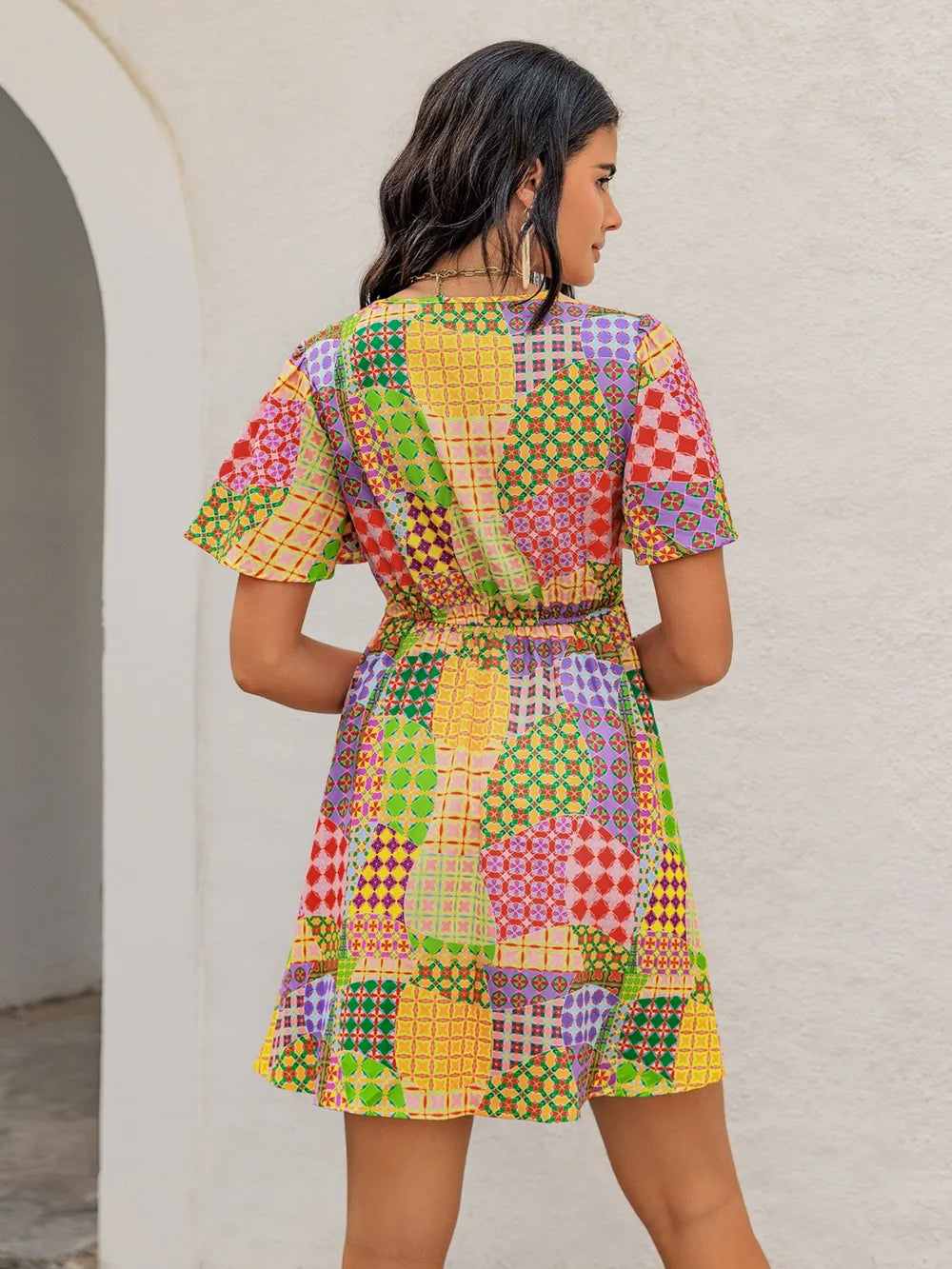 Crochet Trim Printed V-Neck Short Sleeve Mini Dress 204f46eb-43c3-4795-b60e-36154c18fbaa-Max