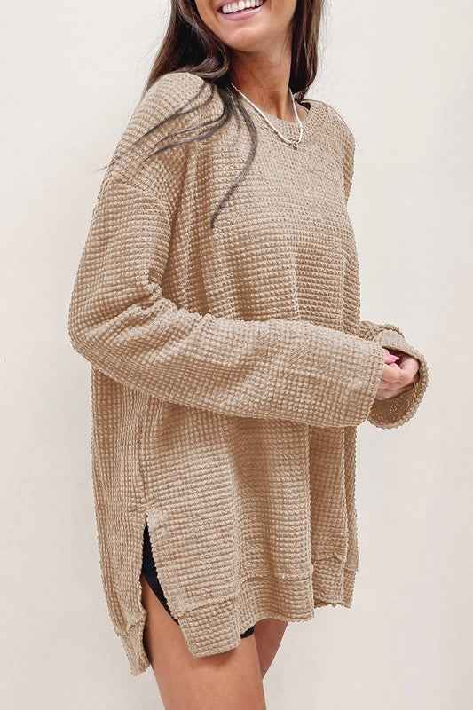 Waffle Knit Drop Sleeve Side Slits Oversized Top khaki 20518538_1b901936-c63c-4ba0-9970-00105d16c529