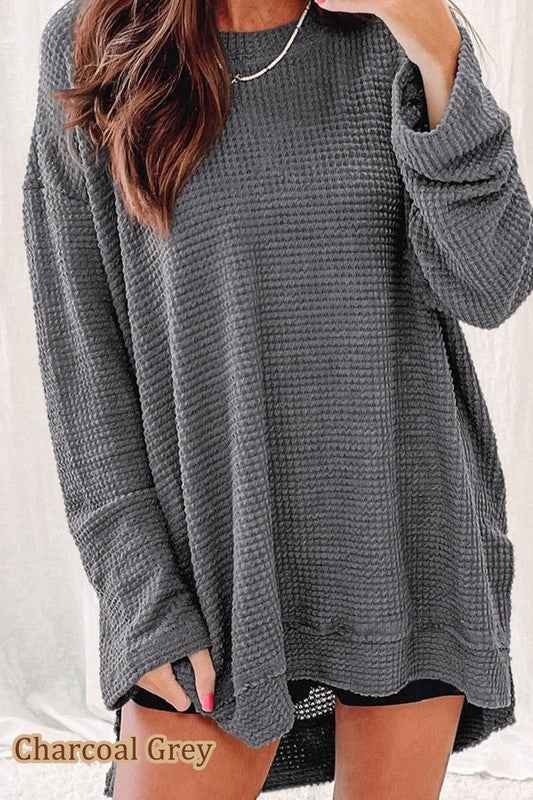 Waffle Knit Drop Sleeve Side Slits Oversized Top 20518538_853126bd-7864-4855-b0a6-ca002d8afdd4