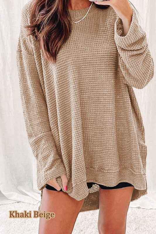 Waffle Knit Drop Sleeve Side Slits Oversized Top 20518538_a481c214-ba06-4955-87ca-19a92edb8c49