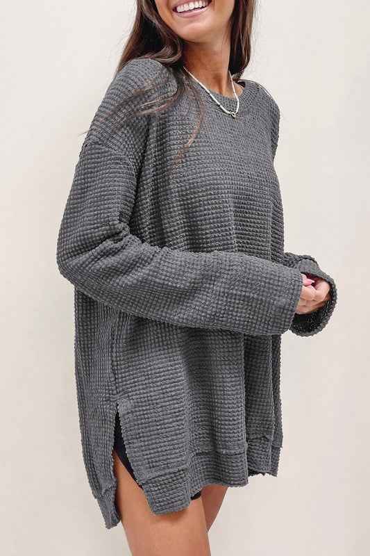 Waffle Knit Drop Sleeve Side Slits Oversized Top Charcoal 20518538_d6a81130-c268-4609-8327-e4c1ebbb9492