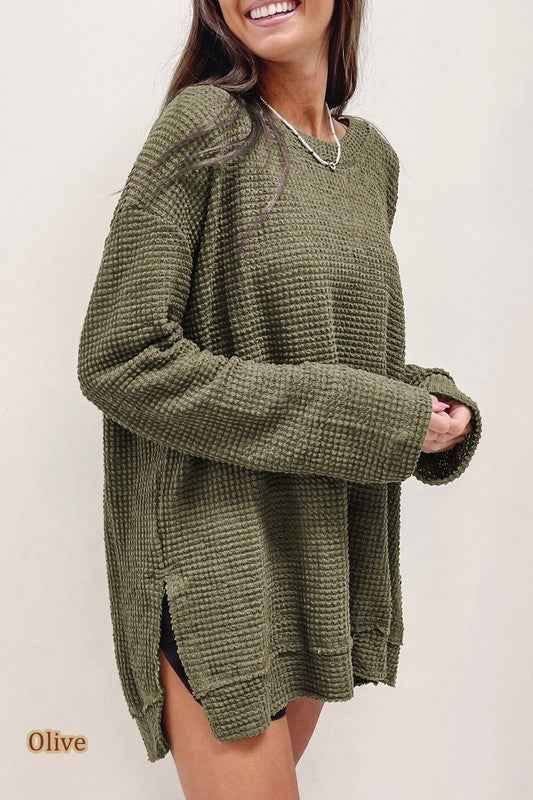 Waffle Knit Drop Sleeve Side Slits Oversized Top olive 20518538_f77de39d-db4c-4927-b15a-b35082401258