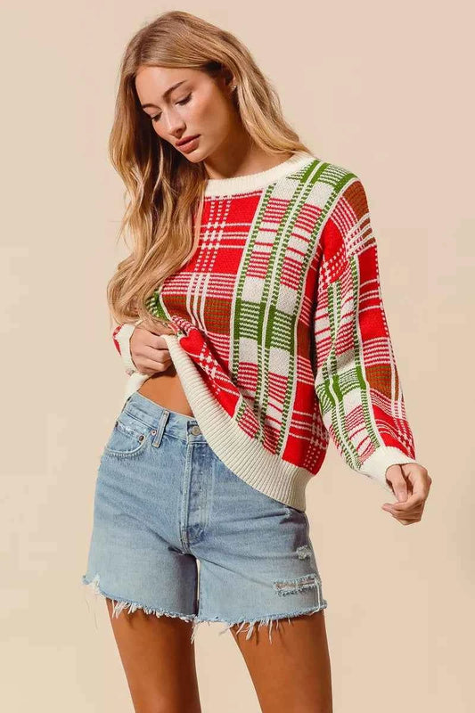 Christmas Color Checkered Plaid Crew Neck Sweater 2052b030f54f4534978f892187432954-Max-Origin
