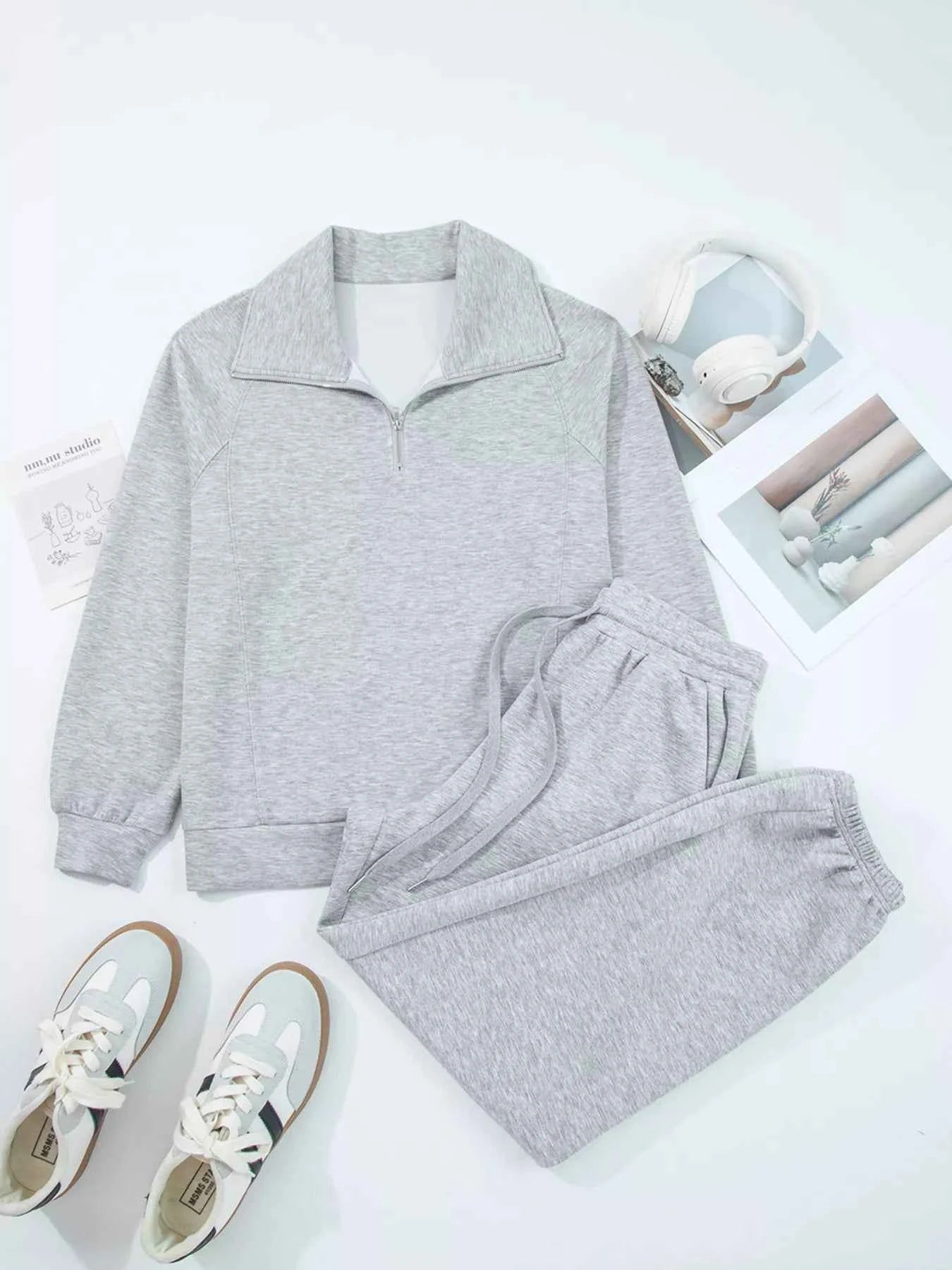 Zip Collar Long Sleeve Top and Drawstring Pants Set 2053d8adcb4c422aaed811f382102acb-Max-Origin