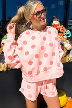 Sky Blue Polka Dot Print Drop Shoulder Pullover Drawstring Shorts Set 2055d9ecd94d9500