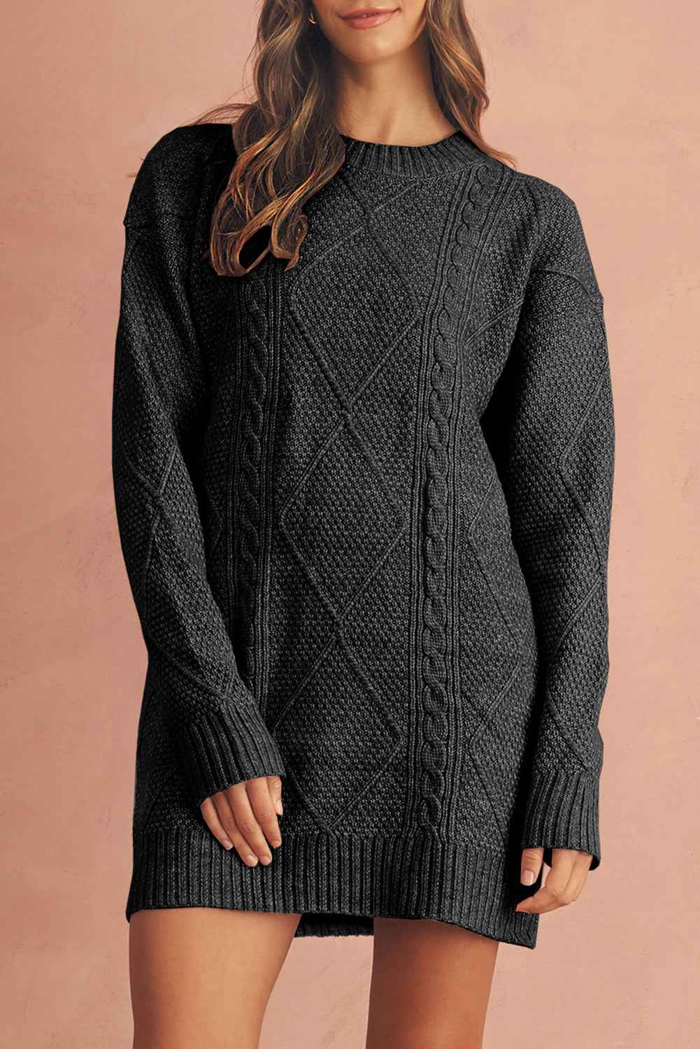 Oatmeal Cable Knit Drop Shoulder Loose Fit Sweater Dress 2058429cfd555944