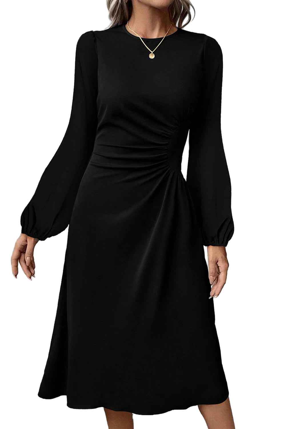 Fiery Red Solid Color Ruched Detail Long Sleeve Midi Dress 2059ae795a876c01