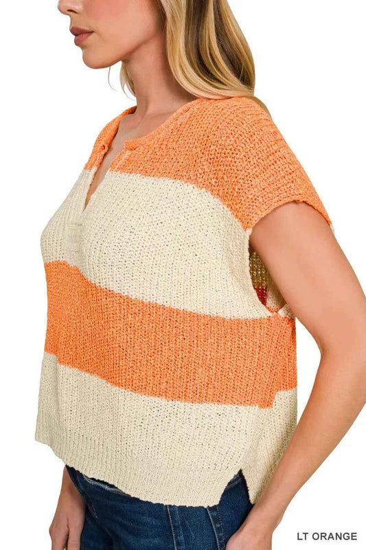 Zenana Split Neck Sleeveless Stripe Sweater 205ae85e73c14285976a016f5b03a3c7-Max-Origin