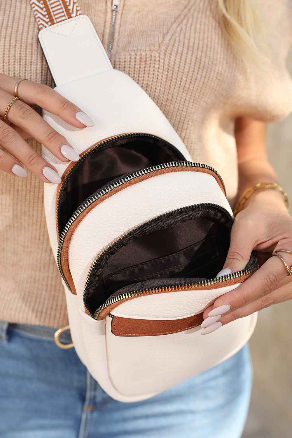 White Casual PU Multi Zipped Street Sling Bag 205be68791cfa35f