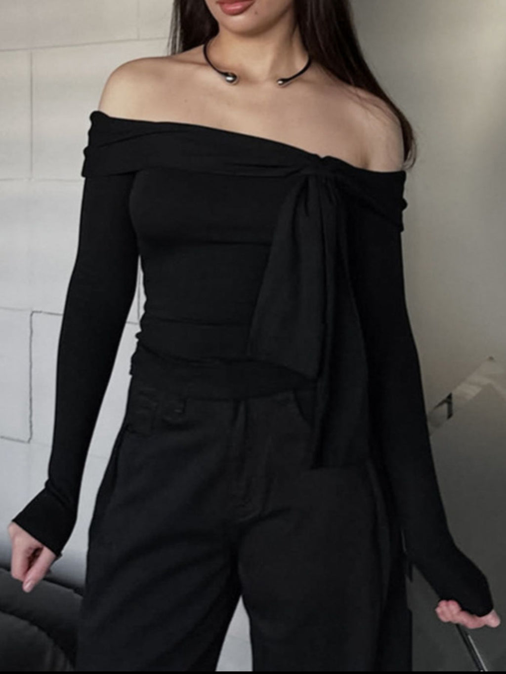 Off-Shoulder Tie-Front Long Sleeve Blouse 206049ac-f4b2-4861-9551-4ec2cbe3cde4-Max