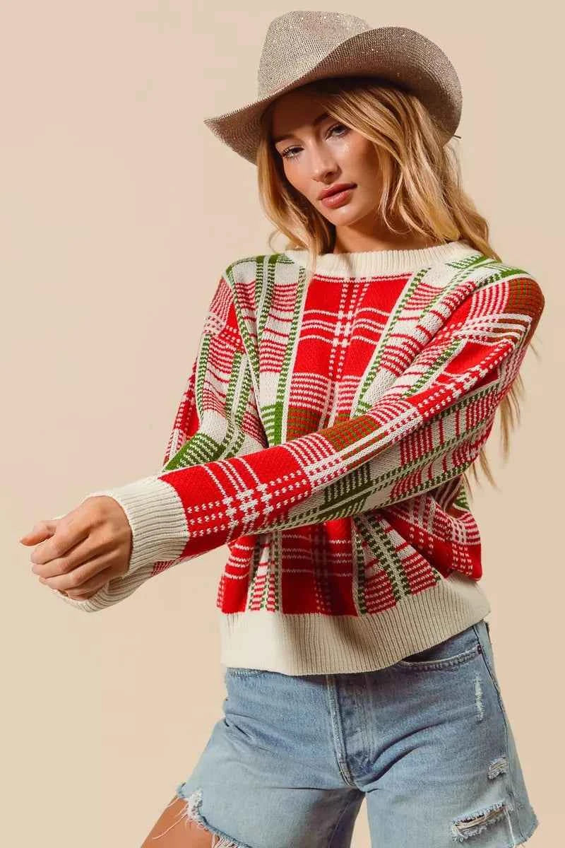 SO ME Christmas Color Checkered Plaid Crew Neck Sweater 2061d113648d40209a554ed646f5b2cd-Max-Origin