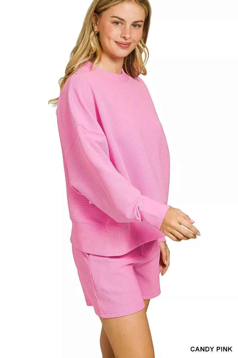 Zenana Ribbed Round Neck Pullover and Shorts Set 20635c67e1f7447d8d5c94408d35f407-Max-Origin