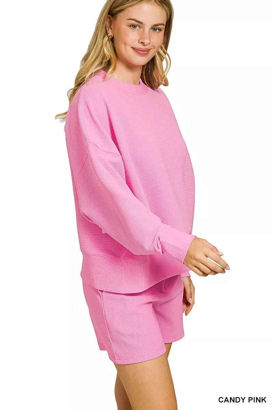 Zenana Ribbed Round Neck Pullover and Shorts Set 20635c67e1f7447d8d5c94408d35f407-Max-Origin