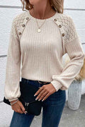Contrast Lace Raglan Sleeve Buttoned Ribbed Top khaki SW25223434-P6016 L 20683406_6e1d200e-7f26-4a36-805b-b4ba414b3e74
