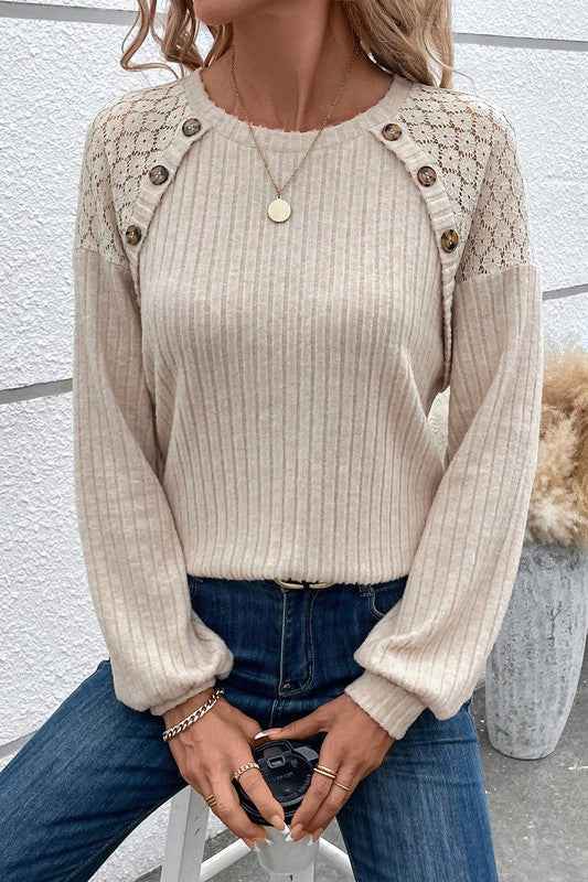 Contrast Lace Raglan Sleeve Buttoned Ribbed Top 20683406_96d5d5f4-db6e-4093-b6f7-3148cb9571cd