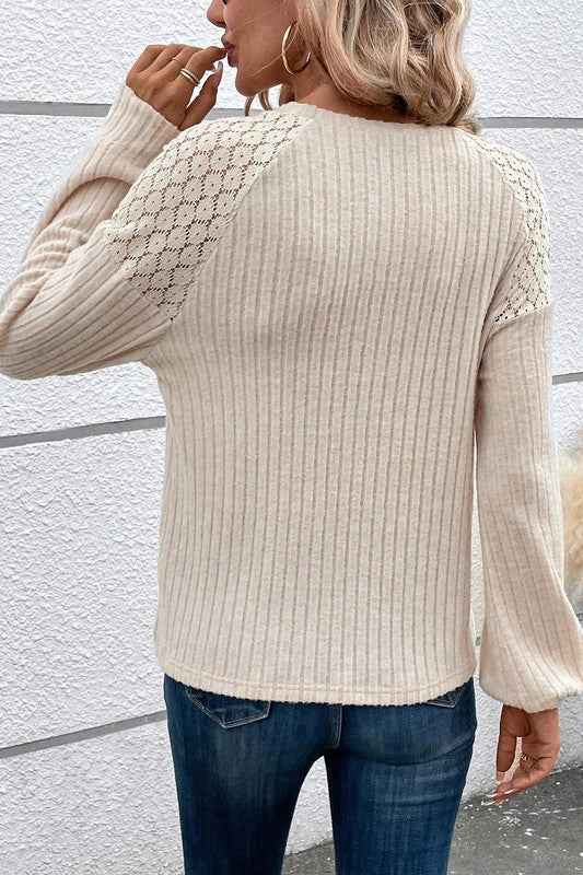 Contrast Lace Raglan Sleeve Buttoned Ribbed Top 20683406_9c3c5fbd-641e-4bea-a520-f89dbd97243f