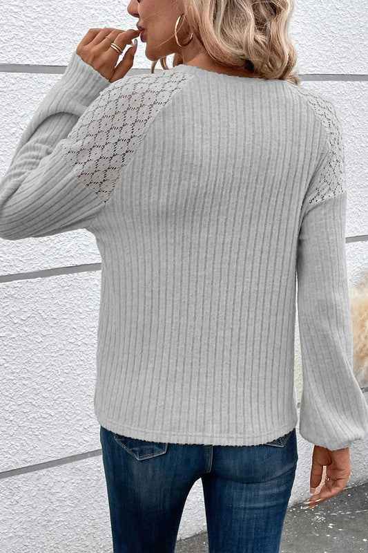 Contrast Lace Raglan Sleeve Buttoned Ribbed Top 20683406_e5178125-8456-4434-92bf-da84c1968ecc