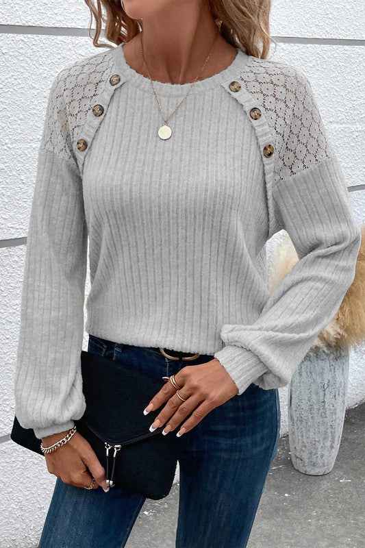Contrast Lace Raglan Sleeve Buttoned Ribbed Top 20683406_fc0925bb-d6cb-4595-ba65-70da8c50d70f