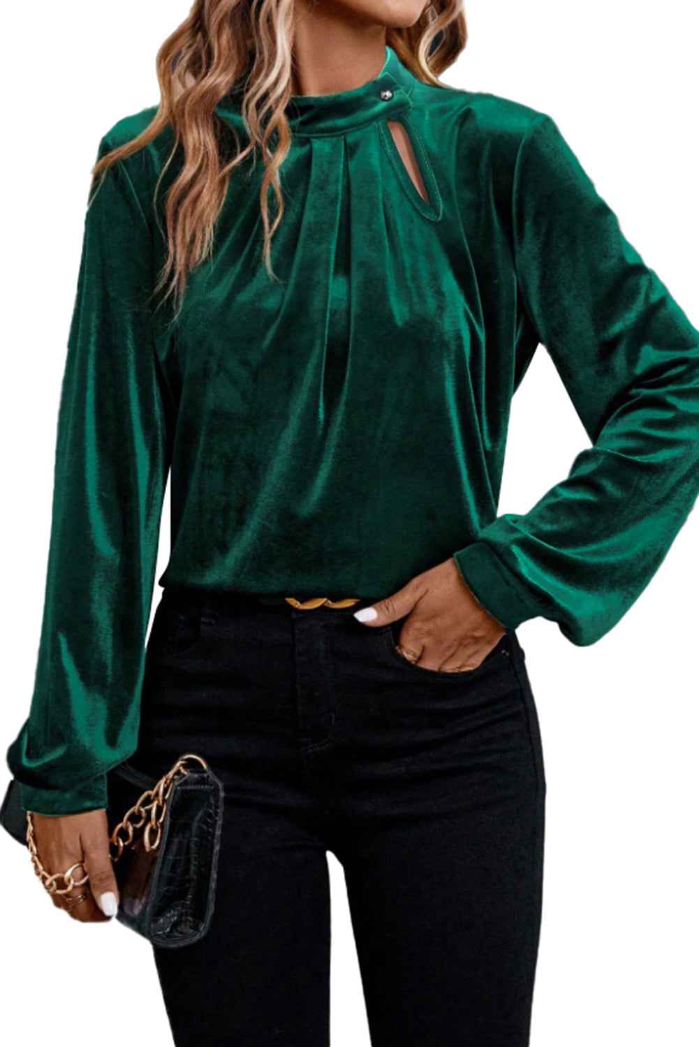 Red Dahlia Asymmetric Button Keyhole Neck Long Sleeve Velvet Blouse 2068712ce966ee18