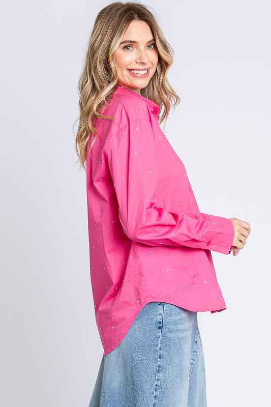 Plus Rhinestone Button Up Shirt 20709907_64879249-9120-459e-8301-62e658516540