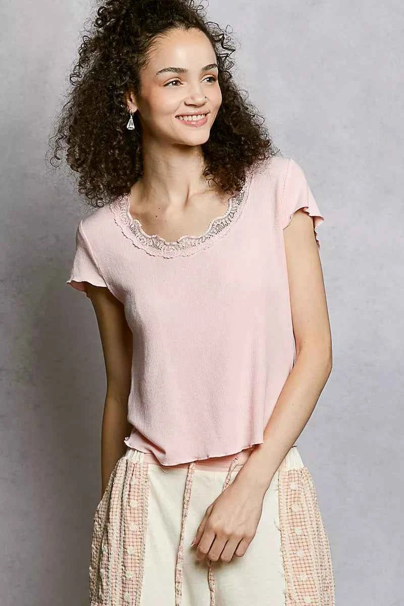 POL Round Neck Short Sleeve Crop T-Shirt with Lace Trim 2071c8fd-74a8-4ee0-8ec1-addb267efcb5-Max-Origin