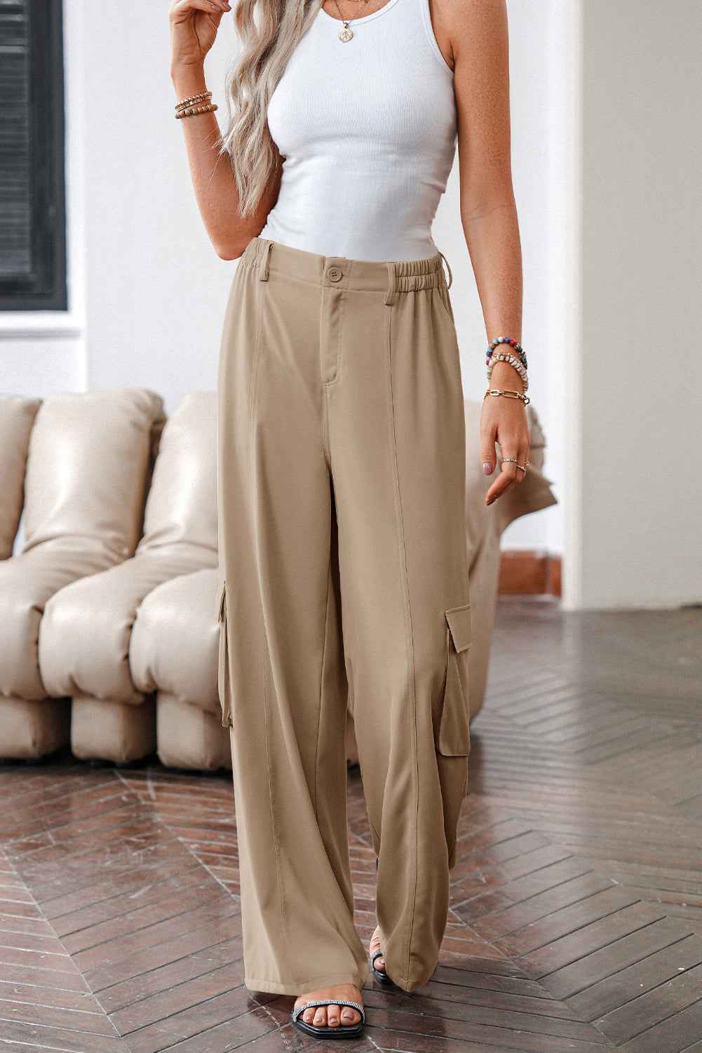 Camel Solid Color Elastic High Waist Loose Cargo Pants 2076c1f13ea7d237