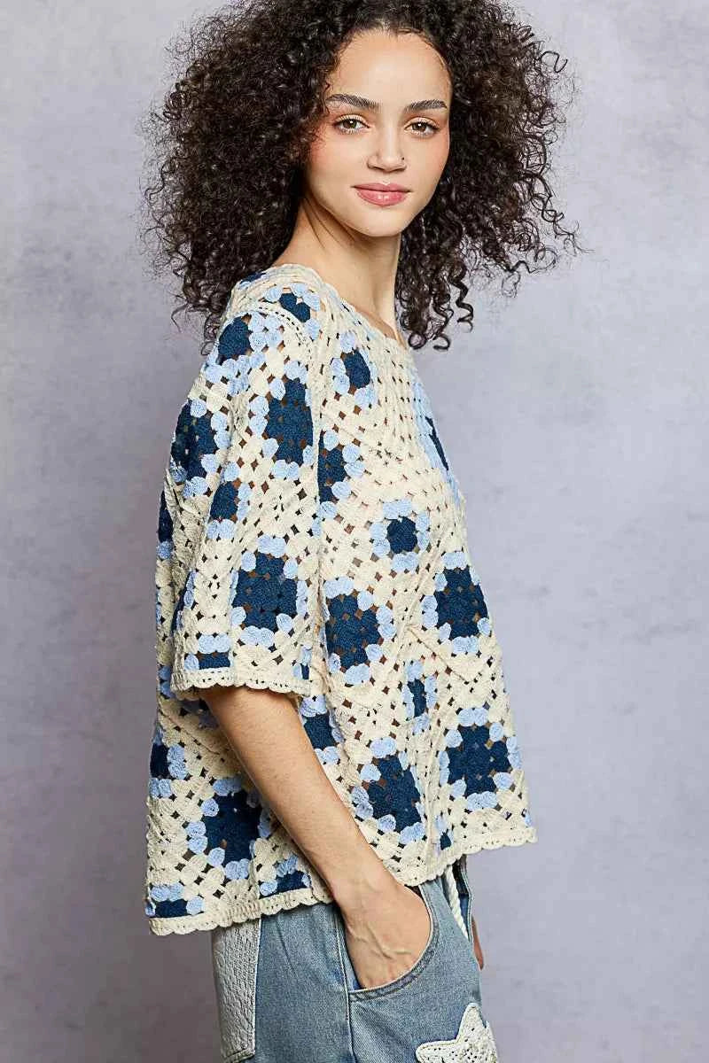 Round Neck Short Sleeve Color Pattern Crochet Top with Border Accents 2079b513-1212-4050-a8f2-725dc70e9438-Max-Origin