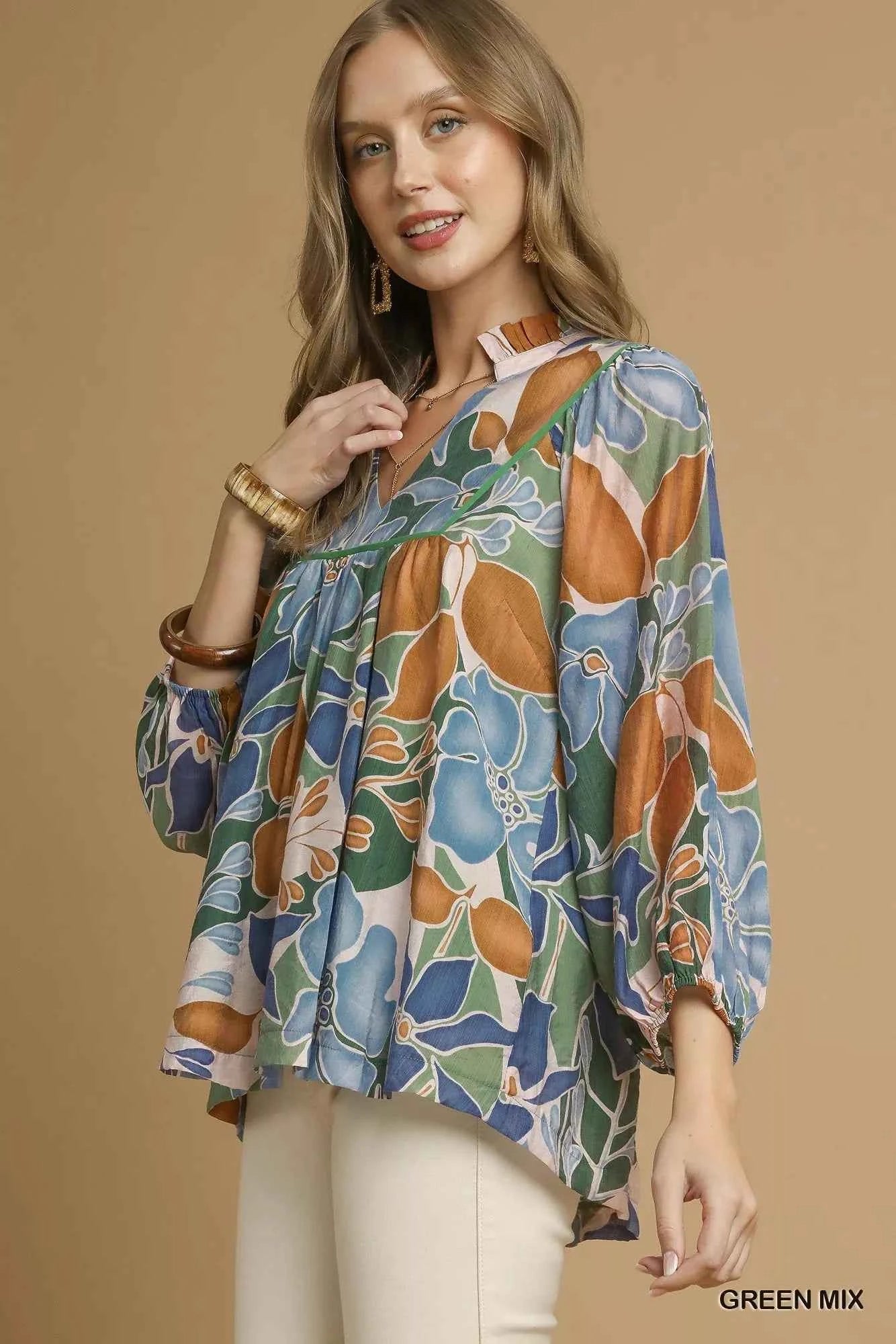 Umgee Multicolor Abstract Floral Print Blouse with Ruffle Neck 2079de25-1012-4d64-ae2c-e597616aa92b-Max-Origin
