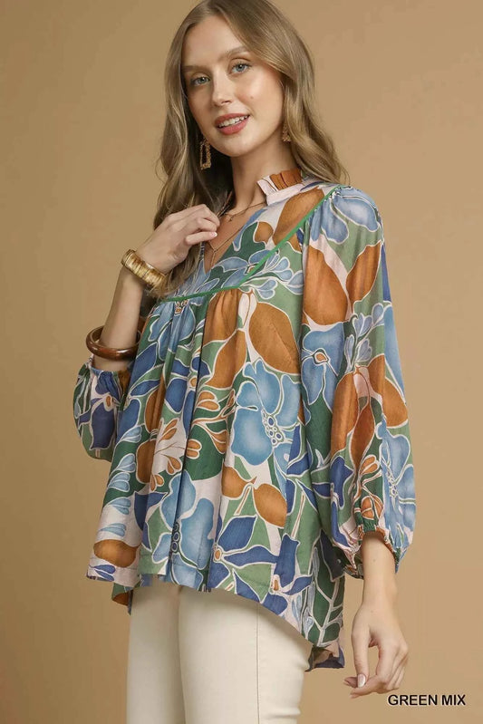 Umgee Multicolor Abstract Floral Print Blouse with Ruffle Neck 2079de25-1012-4d64-ae2c-e597616aa92b-Max-Origin