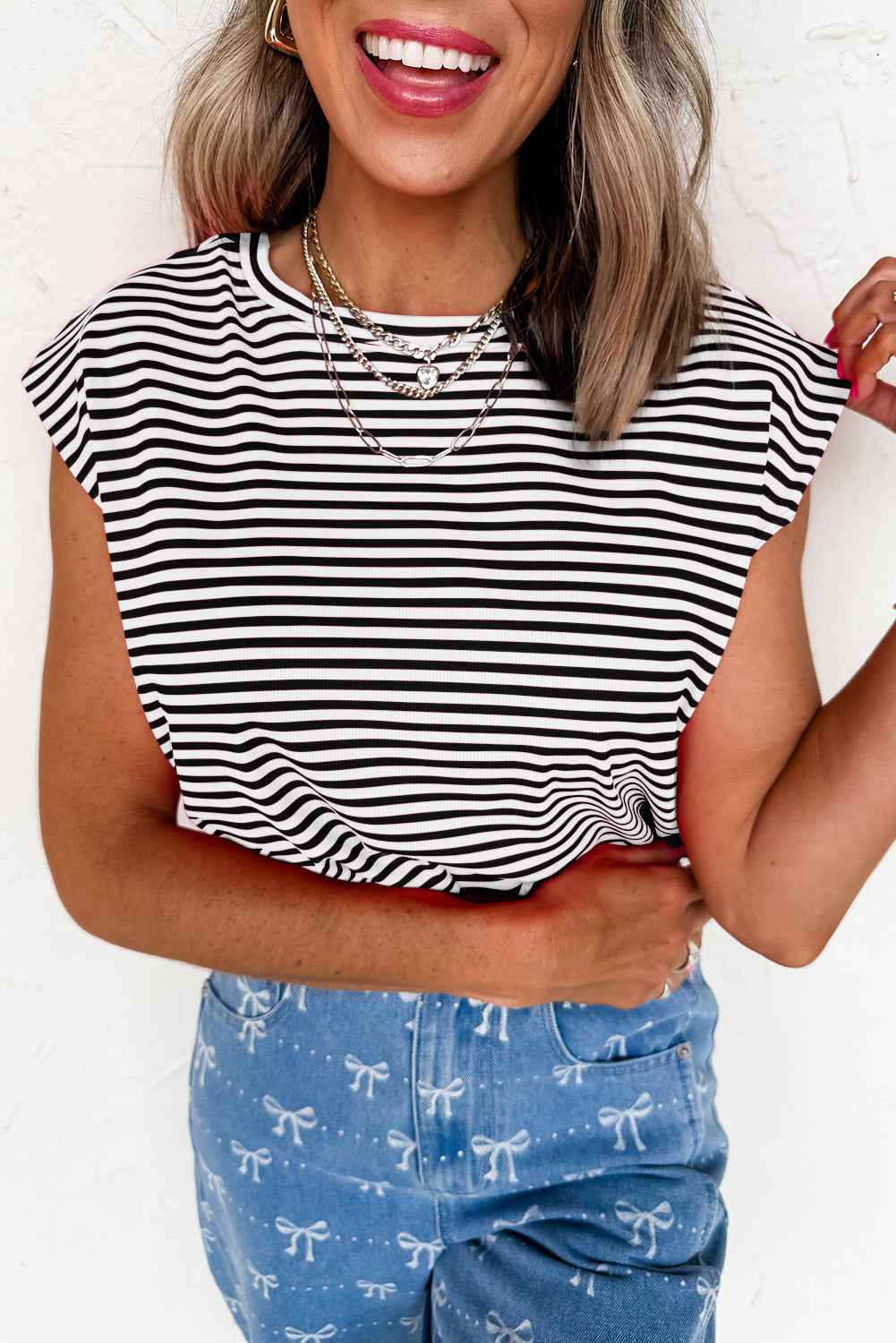 Sky Blue Stripe Ribbed Cap Sleeve Round Neck T Shirt 207fa7b70f0f9785