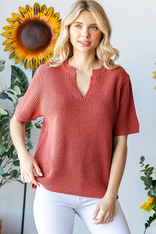 Notched Short Sleeve Knit Top 2080542d-749e-40ad-b81e-86c4f233bc20-Max