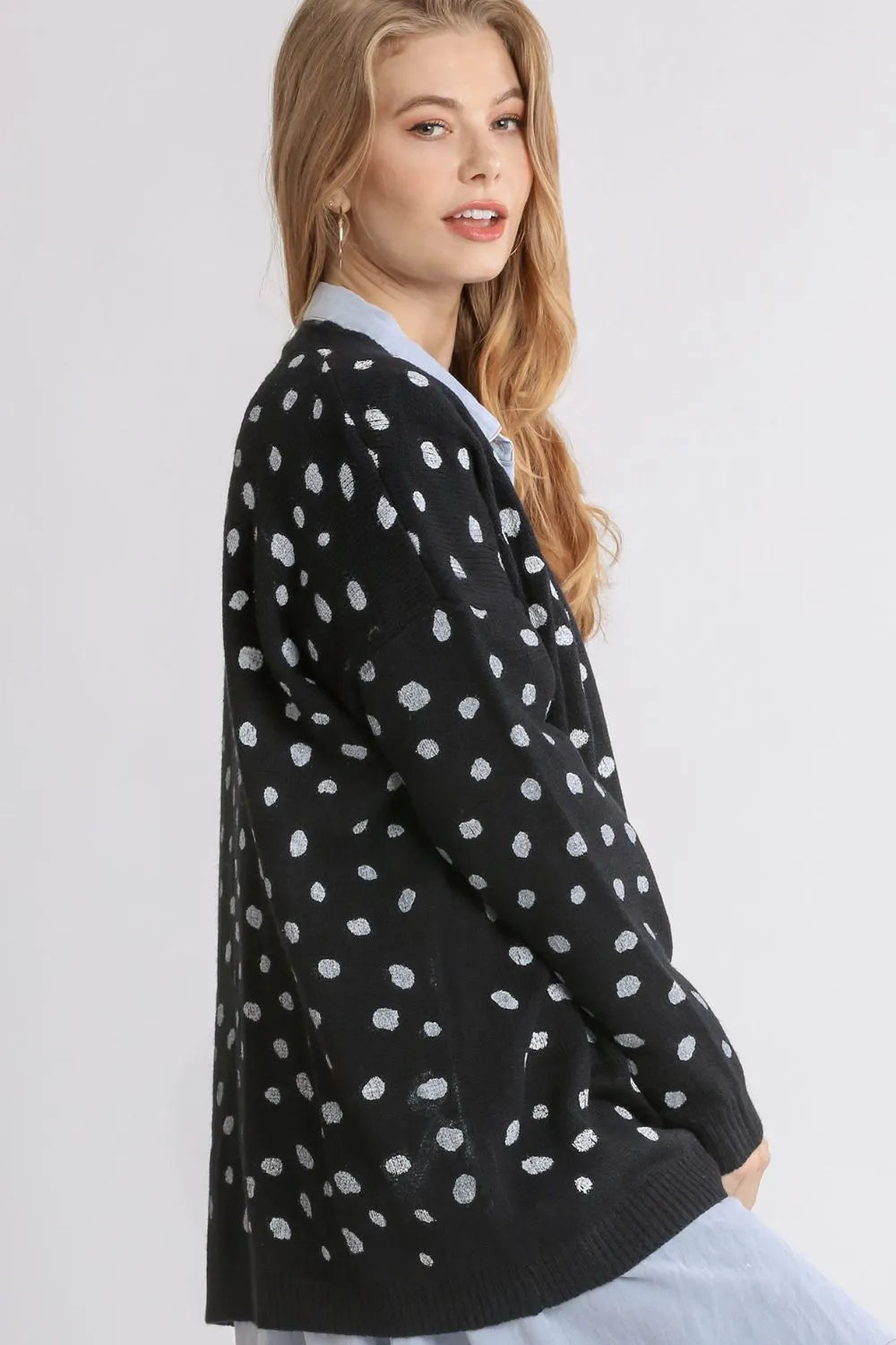 Umgee Polka Dot Open Front Drop Shoulder Cardigan 208bd3b3-5419-4883-8a49-d787b41950b9-Max