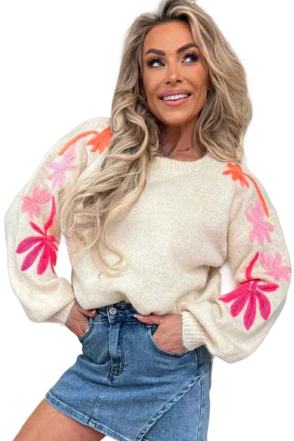 Beige Embroidered Floral Sleeve Round Neck Loose Sweater 209029137b69603e