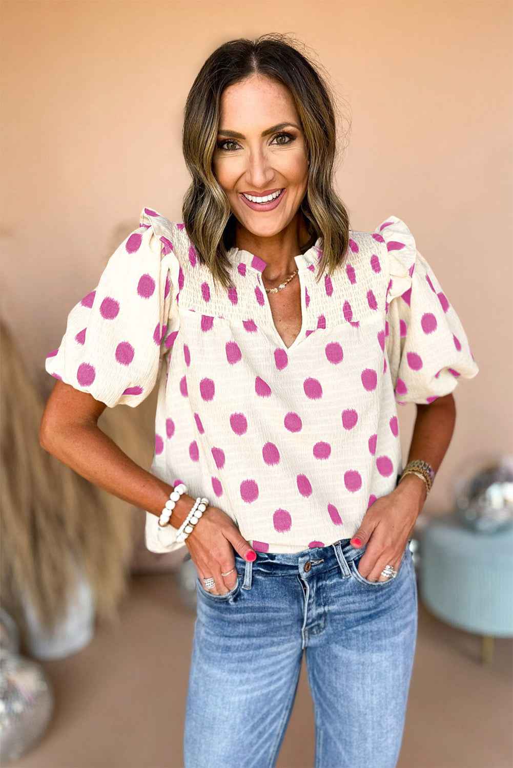 Rose Polka Dot Print Shirred Notched Neck Puff Sleeve Blouse 20924132042d9cce