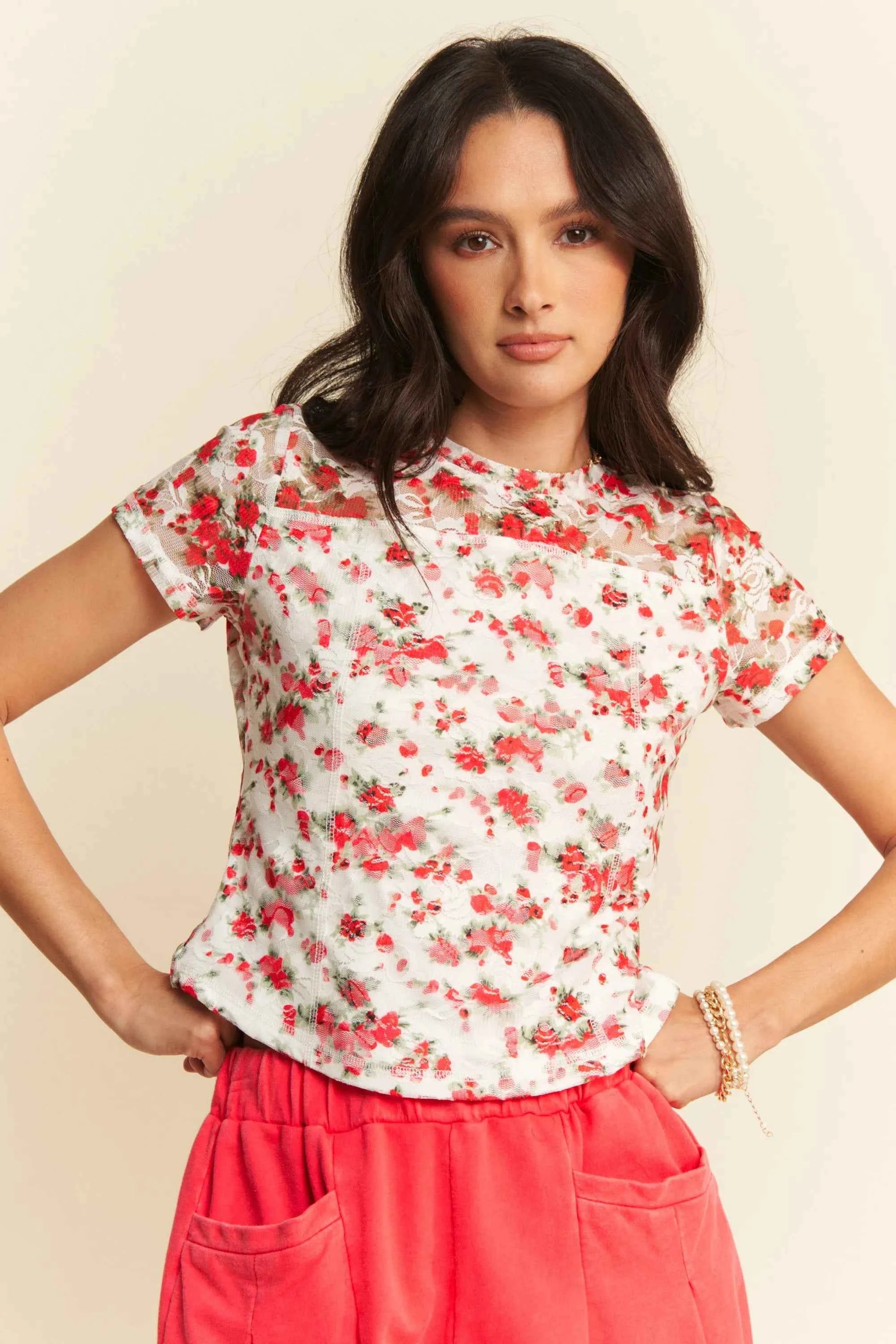 Davi & Dani Ribbon Short Sleeve Layered Mesh Top WHITE MULTI 2094a5a92be74ac9abe69f54bafc12ef-Max-Origin