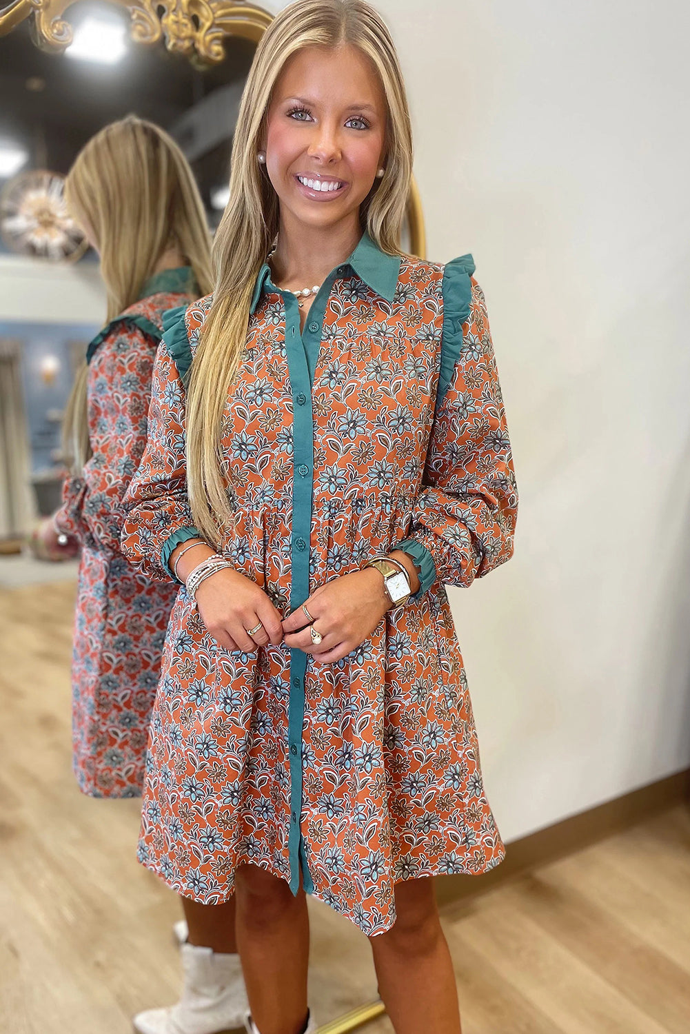 Orange Boho Floral Contrast Collared Shirt Mini Dress 2096c1b1121e06ff