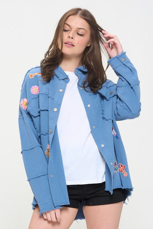Patchwork frayed hem button down collared top 20977070_0fd1a1a1-f170-426b-807d-75c8da3de580