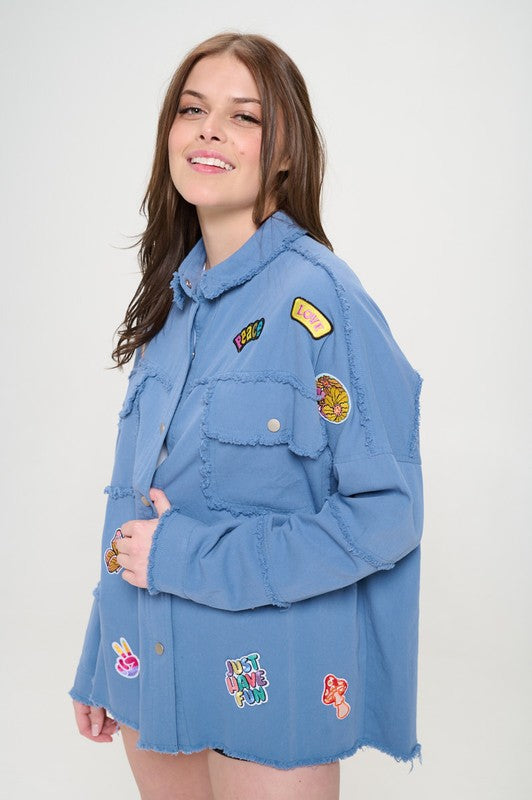 Patchwork frayed hem button down collared top 20977070_787aa666-9fce-43cc-b97c-21a04b808b16